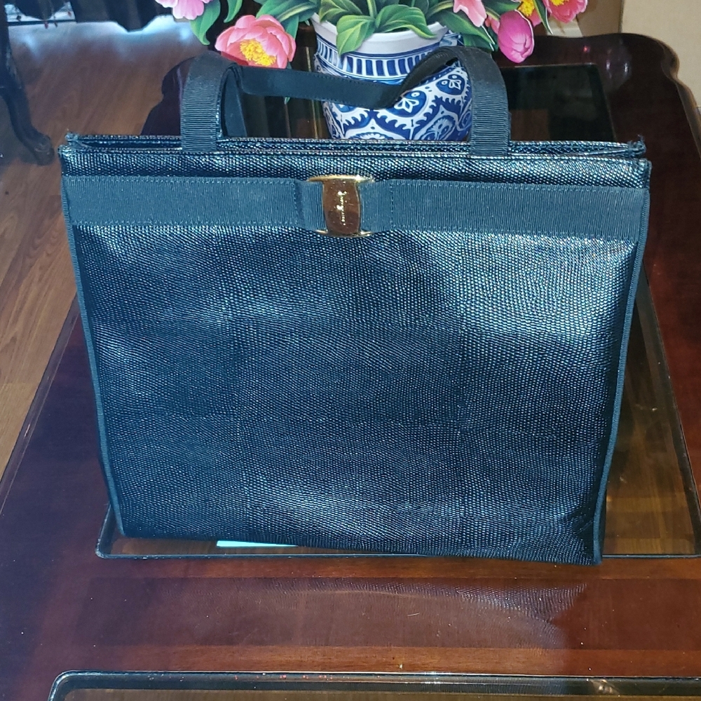 Salvatore Ferragamo Black Textured Tote